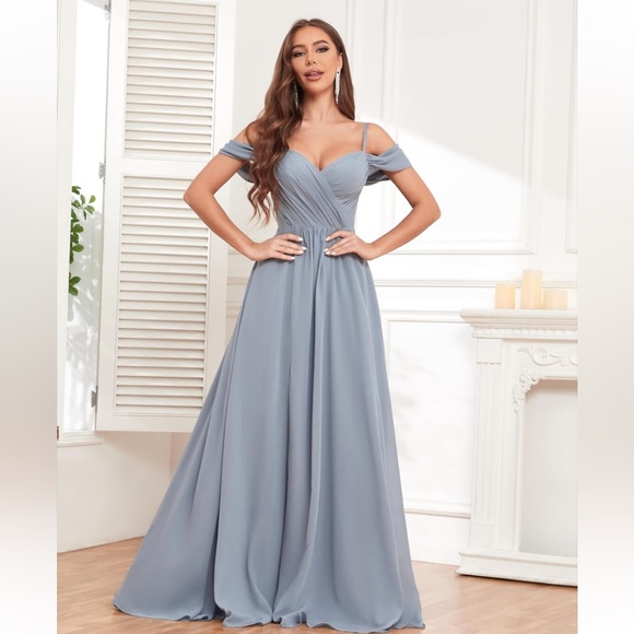 Off The Shoulder Chiffon Ruffle Pleated Formal Evening Dress with Pockets - Picture 3 of 11